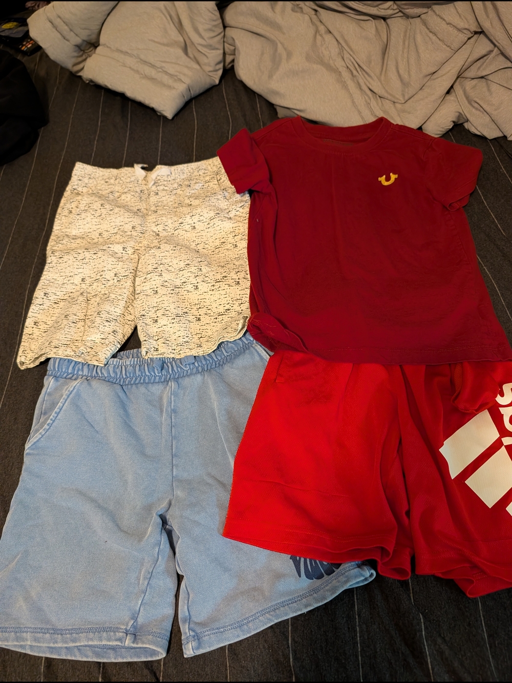 Burgundy T-Shirt with Yellow Logo + Red and Light Blue Shorts Bundle
